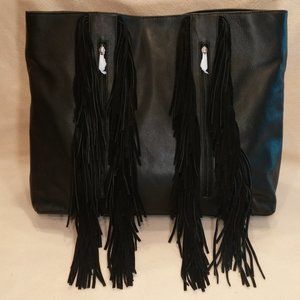 Large Bag Black Suede Fringe Black Leather Shoulder Bag Tote F0001 NWOT Silpada